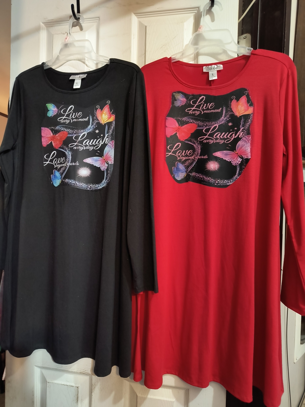 Lot of 2 Large Butterfly Live Love Laugh Graphic Tunics in Black & Red NWT